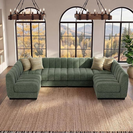 Morden Fort 6-Seater U-Shaped Modular Sectional Sofa, Large Deep Seat Chenille Couch for Living Room, Modern Modular Corner Sofa with High-Density Foam Cushions, Family Couch, Green