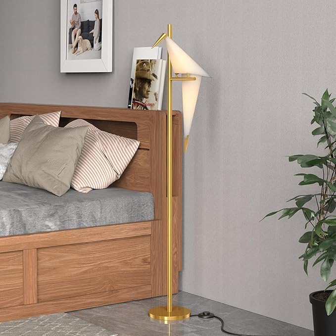 62 Inch Modern Bird Floor Lamp, Gold Bird Swing Floor Light Fixtures for Dining Room, LED Origami Swing Paper Crane Standing Floor Lamp for Living Room