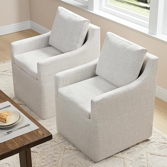 KISLOT Upholstered Dining Chairs Set of 2, Modern Dining Room Chairs with Casters & Washable Cover, Rolling Accent Chair with Comfy Backrest for Kitchen, Farmhouse, Living Room, Cream Beige, 2 Box