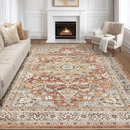 10x14 Area Rugs Living Room: Machine Washable Boho Large Vintage Soft Rug Stain Resistant Farmhouse Oriental Non Slip Indoor Carpet for Bedroom Nursery Kids Playroom Office Dining Room- Red Brown