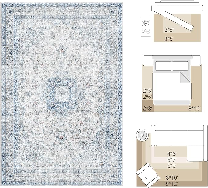 FMFUNCTEX 6x9 Blue Washable Area Rug Vintage Distressed Oriental Non Slip Low Pile Neutral Indoor Carpet for Living Room Bedroom Soft Retro Floral Thin Large Rug for Dining Nursery Office Dorm