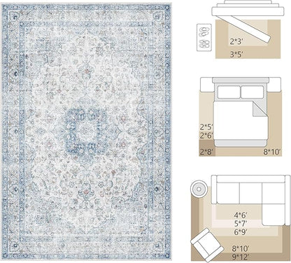 FMFUNCTEX 6x9 Blue Washable Area Rug Vintage Distressed Oriental Non Slip Low Pile Neutral Indoor Carpet for Living Room Bedroom Soft Retro Floral Thin Large Rug for Dining Nursery Office Dorm