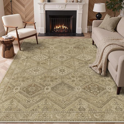 Bavni 8x10 Area Rug Washable Rug for Living Room Bedroom, Vintage Print Carpet, Low Pile Lightweight Mat with Non Slip Backing, Light Brown