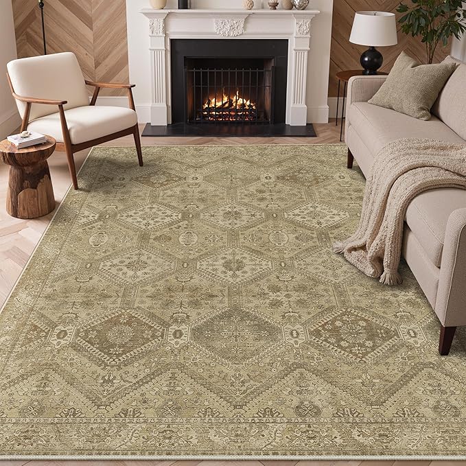 Bavni 6x9 Area Rug Washable Rug for Living Room Bedroom, Vintage Print Carpet, Low Pile Lightweight Mat with Non Slip Backing, Light Brown