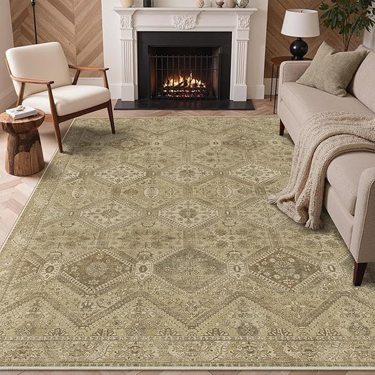 Bavni 6x9 Area Rug Washable Rug for Living Room Bedroom, Vintage Print Carpet, Low Pile Lightweight Mat with Non Slip Backing, Light Brown