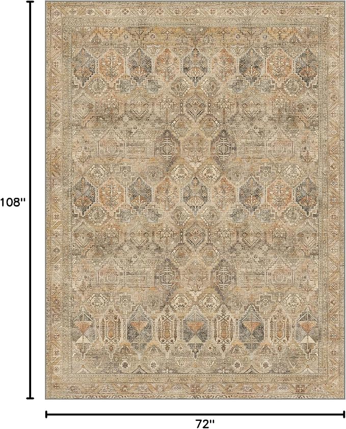 Bavni Washable Rug 6x9 Area Rug for Living Room Bedroom Dining, Washable Vintage Print Carpet, Ultra-Thin Chenille Low Pile Lightweight Rug with Non Slip Backing, Wood