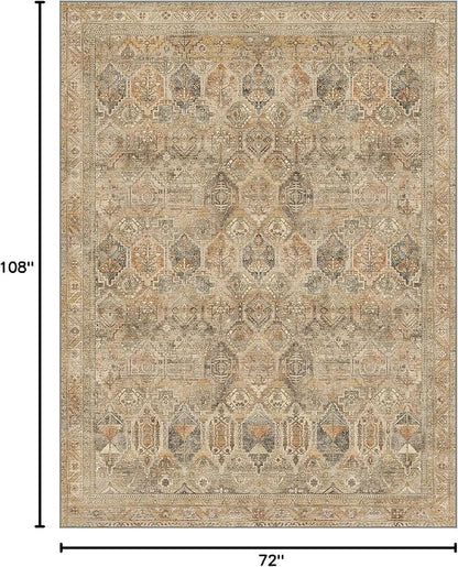 Bavni Washable Rug 6x9 Area Rug for Living Room Bedroom Dining, Washable Vintage Print Carpet, Ultra-Thin Chenille Low Pile Lightweight Rug with Non Slip Backing, Wood