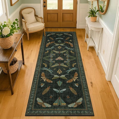 Hazo Haus Insect 2x7 Stain Resistant Kitchen Runner Rugs, Vintage Bathroon Rug Non Skid, Low Pile & Soft Non Slip with Rubber Backed, Dark Green Boho Room Decor for Bedroom