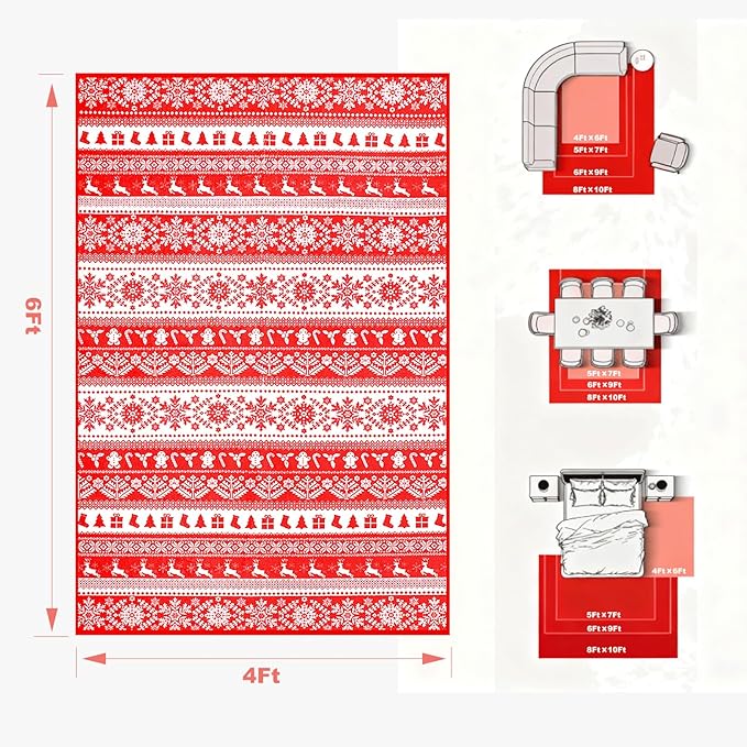 Soft Area Rugs for Living Room, 4x6 Vintage Washable Snowflake Print Carpet, Non Slip Low Pile Soft Modern Red Bedroom Home Decor Rugs for Bedside, Kids Room, Office, Dining Room, Nursery, Red
