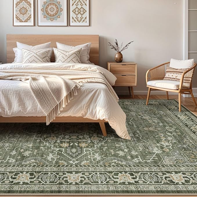 6x8 Area Rug Living Room: Washable Boho Large Neutral Vintage Soft Rugs Stain Resistant Farmhouse Non Slip Indoor Floor Carpet for Bedroom Nursery Kids Playroom Office Dining Room Home- Dark Green