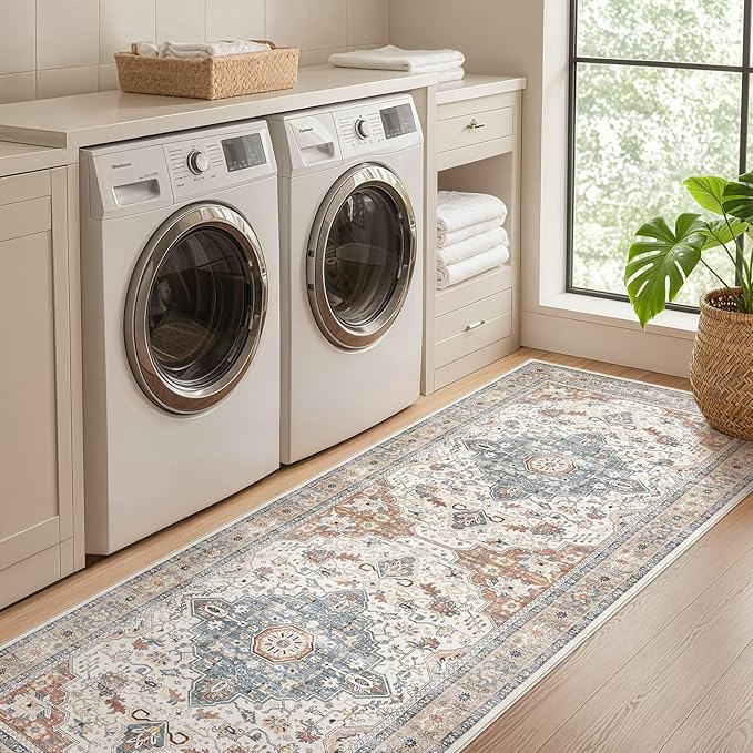 Runner Rug Kitchen Washable Rugs: 2x5 Non-Slip Boho Vintage Distressed Stain Resistant Indoor Neutral Farmhouse Throw Carpet for Hallway Bathroom Laundry Room Entryway Bedroom- Beige Blue