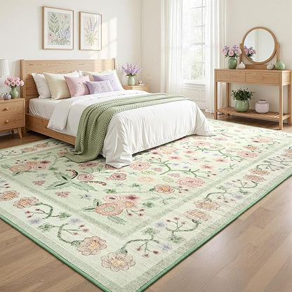 Maxsoft Large Area Rugs for Living Room Bedroom, 5x7 Washable Floral Area Rugs, Non-Slip and Stain Resistant Soft Throw Indoor Carpet for Dining Room Office Kitchen Dorm Home Decor, Green