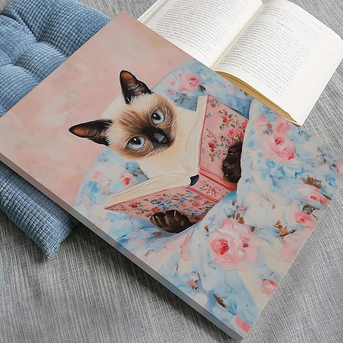 Framed Cat Reading Book Canvas Wall Art, Cute Pink Siamese Cat Wall Decor Print Painting, Funny Animal Lovers Picture for Bedroom Living Room Kids Room Girls Room Home Decor 12x16 Inch