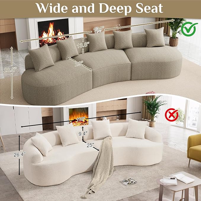 134" Oversized Sectional Sofa for Living Room, Modern Luxury Plush Chenille 4-Seater Extra Deep & Wide Seat Curved Cloud Couch with 5 Throw Pillows, No Assembly Needed, Light Brown