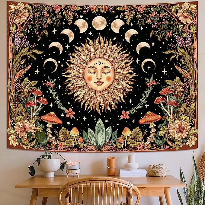 Neasow Sun and Moon Mushroom Tapestry, Vintage Orange Aesthetic Wall Art, Boho Retro Floral Mystic Decor for Living Room Bedroom Home, 60x80 inches