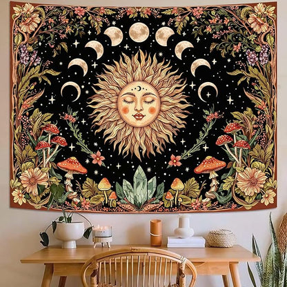 Neasow Sun and Moon Mushroom Tapestry, Vintage Orange Aesthetic Wall Art, Boho Retro Floral Mystic Decor for Living Room Bedroom Home, 60x80 inches