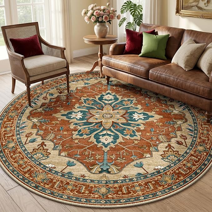 RELEANY Area Rugs Round 6ft Washable Non-Slip, Floral Vintage Distress Print Pattern Medallion Carpet for Living Room Bedroom Dining Room, Red Orange Blue Brown
