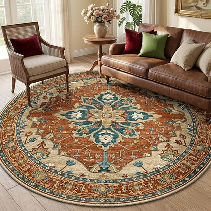 RELEANY Area Rugs Round 6ft Washable Non-Slip, Floral Vintage Distress Print Pattern Medallion Carpet for Living Room Bedroom Dining Room, Red Orange Blue Brown