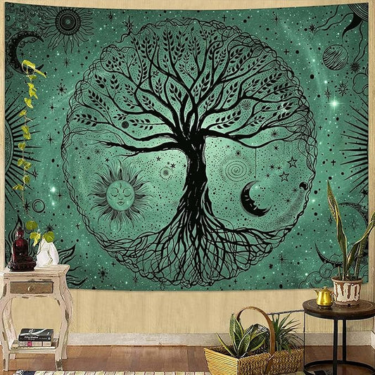 Leeisysme Tree of Life Sun Moon Tapestry, Aesthetic Line Art Wall Hanging for Living Room Bedroom Home Decor, Green 36x48 inches