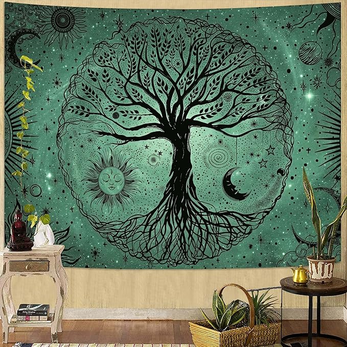 Leeisysme Tree of Life Sun Moon Tapestry, Aesthetic Line Art Wall Hanging for Living Room Bedroom Home Decor, Green 60x80 inches