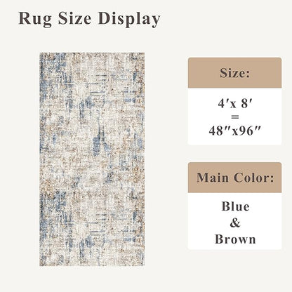 4x8 Washable Area Rug – Non-Slip Rubber Backed Indoor Rug for Entryway, Kitchen, Hallway | Modern Abstract Neutral Low Pile Thin Floor Mat for Bedroom, Living Room, Office(Blue Brown)