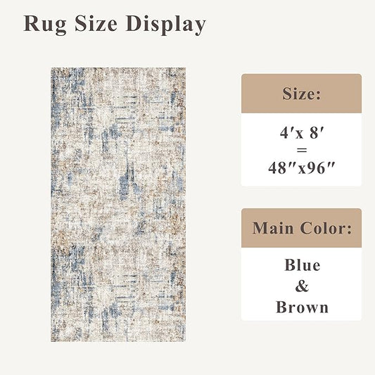 4x8 Washable Area Rug – Non-Slip Rubber Backed Indoor Rug for Entryway, Kitchen, Hallway | Modern Abstract Neutral Low Pile Thin Floor Mat for Bedroom, Living Room, Office(Blue Brown)