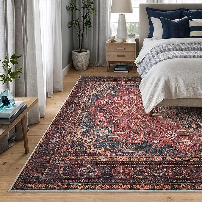 Bloom Rugs Washable Non-Slip 6' x 9' Rug - Red/Teal Blue/Yellow Traditional Medallion Area Rug for Living Room, Bedroom, Dining Room, and Kitchen - Exact Size: 6' x 9'