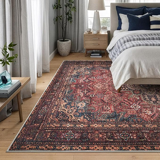 Bloom Rugs Washable Non-Slip 6' x 9' Rug - Red/Teal Blue/Yellow Traditional Medallion Area Rug for Living Room, Bedroom, Dining Room, and Kitchen - Exact Size: 6' x 9'