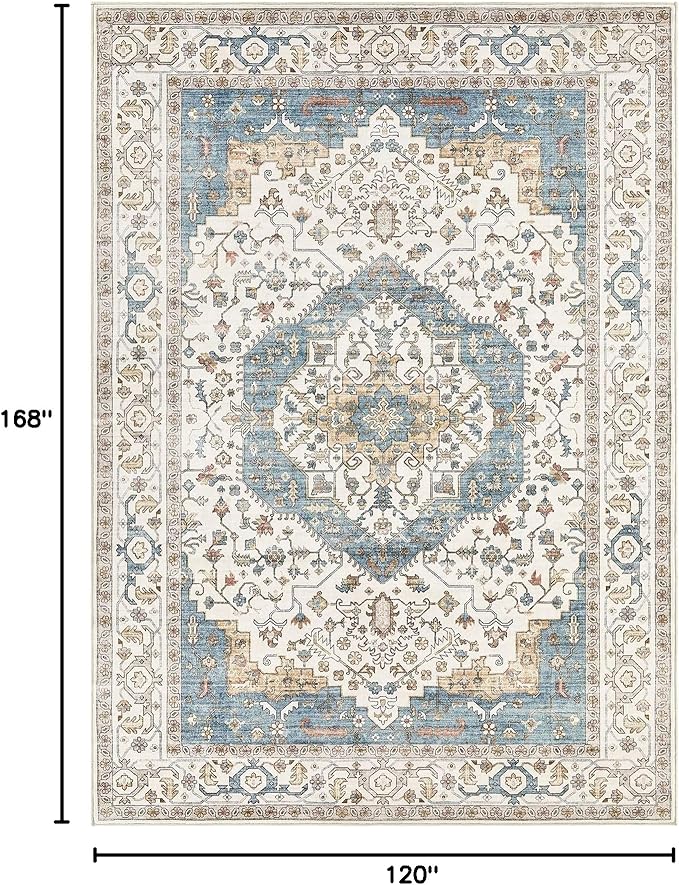 Area Rug for Living Room - 10x14 Soft Washable Oriental Vintage Floral Distressed Large Carpet - Fade Stain Resistant Non Slip Rugs for Bedroom Dining Room Nursery Dorm Office Home Decor - Blue/Beige