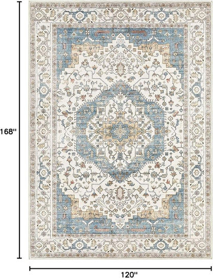 Area Rug for Living Room - 10x14 Soft Washable Oriental Vintage Floral Distressed Large Carpet - Fade Stain Resistant Non Slip Rugs for Bedroom Dining Room Nursery Dorm Office Home Decor - Blue/Beige