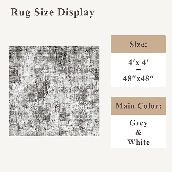 4x4 Square Entryway Rug Washable – Non-Slip Small Area Rug for Kitchen or Bathroom, Soft Low-Pile Indoor Mat, Modern Abstract Thin Door Carpet (Grey)