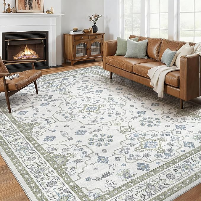 Area Rug 10x14 for Living Room - Washable Oriental Vintage Floral Distressed Large Indoor Carpets with Non Slip Back for Bedroom Dining Room Nursery Office Home Decor -Light Green