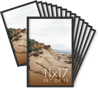 Haus and Hues 11x17 Black Oak Wood Picture Frames Set of 15 - Premium Bulk Picture Frames 11x17 Bundle - Elegant Gallery Wall Frame Set for Posters, Art Display - Ideal for Wall Decor in Home & Office