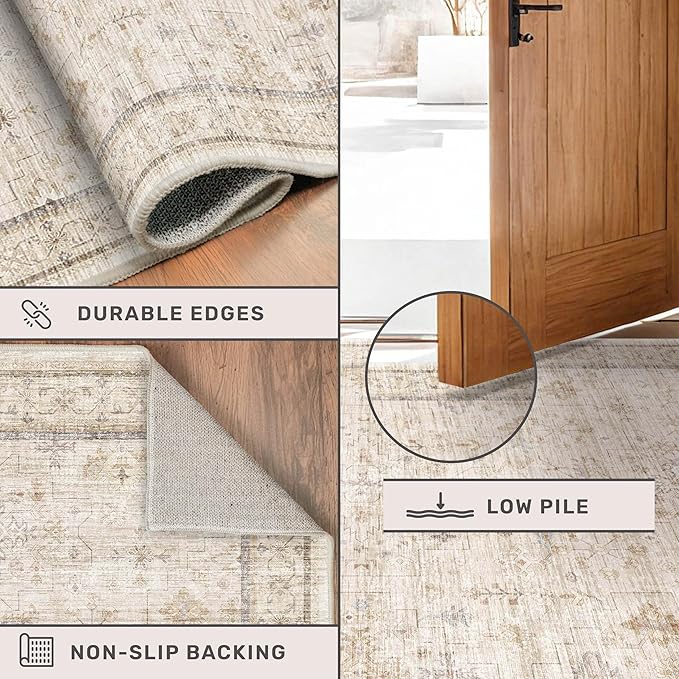 Light Beige 3x16 Long Hallway Runner Rug, Non Slip Farmhouse Kitchen Rugs, Geometric Floral Modern Entryway Floor Mats, Washable Non-Slip Stain Resistant Low Pile Throw Rug Indoor Door Mat