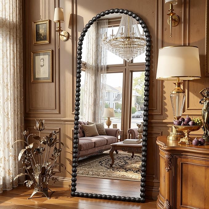 Antok 57" x 21" Arched Full Length Mirror, Antique Beaded Frame Floor Standing or Wall Mounted Mirror with Stand for Bedroom, Entryway, Black, Luxury Style