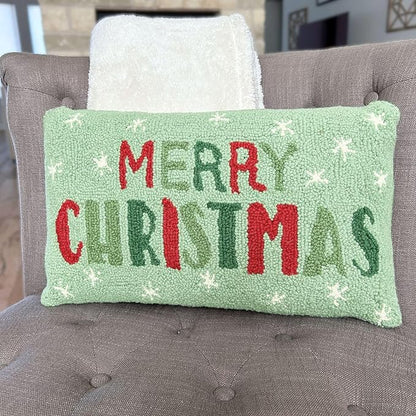 Hand Hooked Christmas Pillow - 12X20 inches Throw Pillow for Couch or Dorm (Merry Christmas)