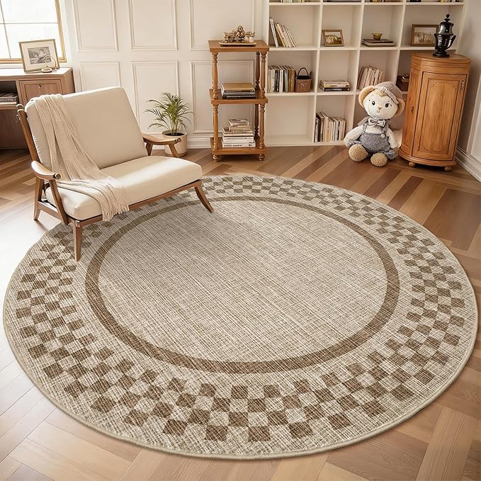 4ft Washable Round Rug for Entryway Modern Checkered Bedroom Circle Rug Non Slip Soft Dining Room Round Throw Carpet Small Stain Resistant Border Round Rugs for Living Room Kitchen Bathroom, Taupe