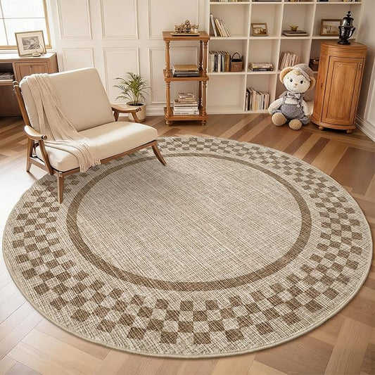 4ft Washable Round Rug for Entryway Modern Checkered Bedroom Circle Rug Non Slip Soft Dining Room Round Throw Carpet Small Stain Resistant Border Round Rugs for Living Room Kitchen Bathroom, Taupe