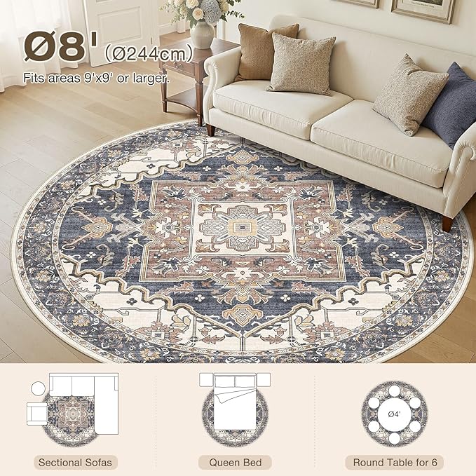 8ft Round Rug for Living Room: 8x8 Washable Vintage Blue Beige Area Rug, Large Non Slip Soft Stain Resistant Indoor Floor Carpet for Bedroom Dining Decor Home Office Kid & Pet Friendly