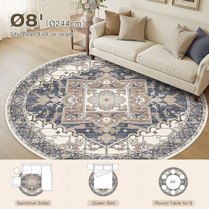 8ft Round Rug for Living Room: 8x8 Washable Vintage Blue Beige Area Rug, Large Non Slip Soft Stain Resistant Indoor Floor Carpet for Bedroom Dining Decor Home Office Kid & Pet Friendly