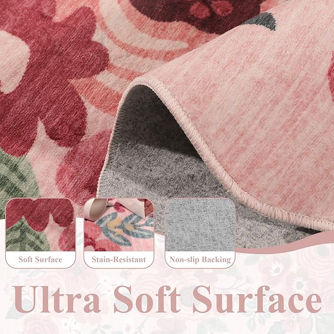 DUKINO Washable Runner Rug, 2x7 Lightweight Soft Floral Hallway Rug Runner with Low Pile Design, Non Shedding & Non Slip Backing Thin Indoor Carpet for Bedroom, Bathroom, Entrance, Kitchen, Pink