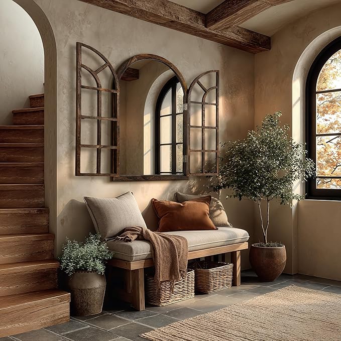 Arched Wall Mirror with Wood Window Frame, 38x26 Vintage Rustic Arch Farmhouse Mirror for Wall, Living Room, Bedroom, Entryway(Brown)