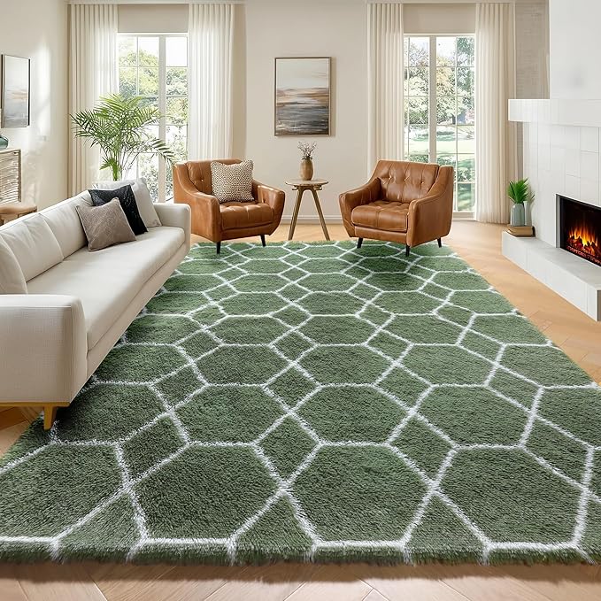 ONASAR 5x7 Area Rugs for Living Room Bedroom, Fluffy Olive Green and White Throw Rug, Geometric Boho Soft Plush Shaggy Floor Carpet for Nursery Kids Girls Boys Teen Dorm Home Decor