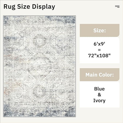 Soalmost 6x9 Area Rug for Living Room Washable 6x9 Non-Slip Modern Rugs for Bedroom Dinning Room Ultra-Thin Indoor Blue Ivory