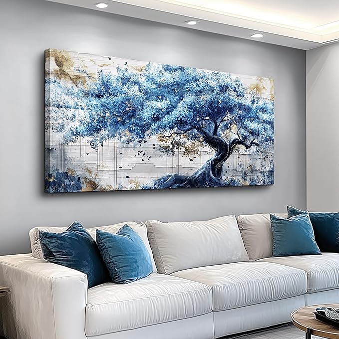 ERQINHUA Blue Tree Wall Paintings Canvas Wall Art For Living Room Large Wall Decor For Bedroom Office Decorations Farmhouse Abstract Watercolour Pictures Artwork Home Decor Ready To Hang 20"X40"