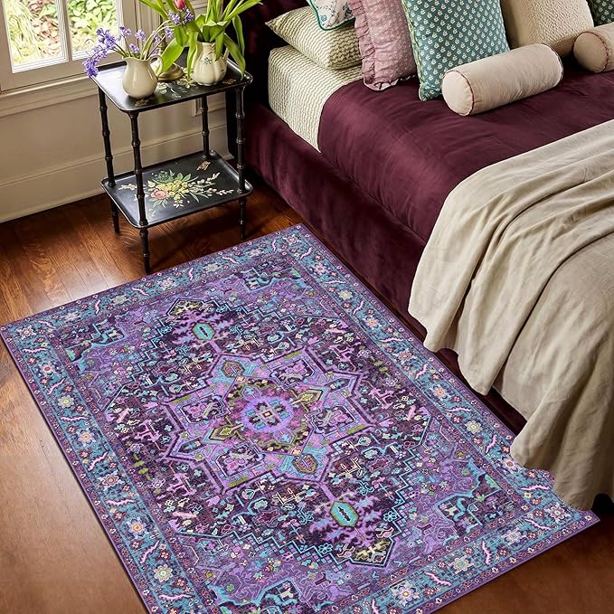 2x3 Washable Small Front Door Violet Purple with Vintage Orient Design, Soft Rug for Entryway or Kitchen, Non-Slip Low Pile Stain Resistance Features, Distressed Medallion Pattern