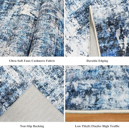 3x6 Washable Wide Runner Rug – Non-Slip Floor Carpet Runner for Kitchen Entryway Hallway Bathroom, Modern Abstract Low Pile Thin Area Rug (Navy Blue, 3x6)