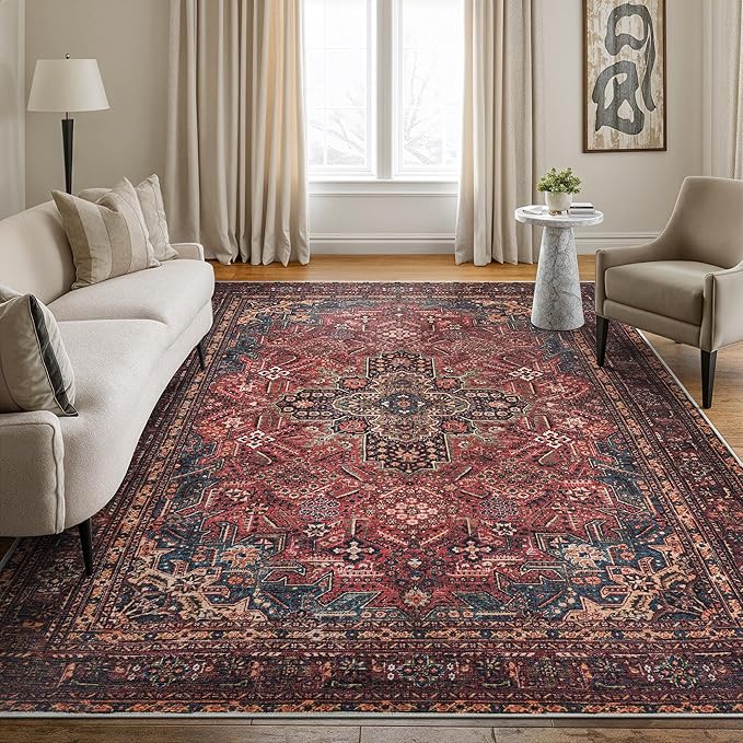 Bloom Rugs Washable Non-Slip 6' x 9' Rug - Red/Teal Blue/Yellow Traditional Medallion Area Rug for Living Room, Bedroom, Dining Room, and Kitchen - Exact Size: 6' x 9'