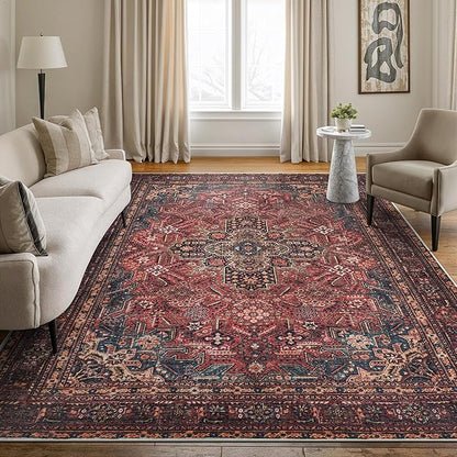Bloom Rugs Washable Non-Slip 6' x 9' Rug - Red/Teal Blue/Yellow Traditional Medallion Area Rug for Living Room, Bedroom, Dining Room, and Kitchen - Exact Size: 6' x 9'