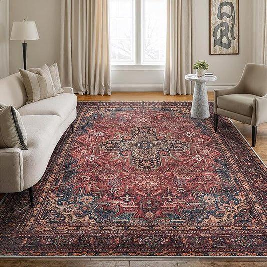 Bloom Rugs Washable Non-Slip 6' x 9' Rug - Red/Teal Blue/Yellow Traditional Medallion Area Rug for Living Room, Bedroom, Dining Room, and Kitchen - Exact Size: 6' x 9'